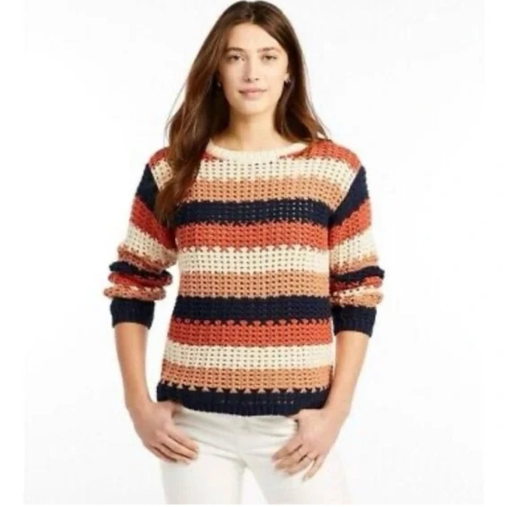 L L Bean‎ Signature Woman’s Bailey Island Coastal Crochet Striped Knit Sweater